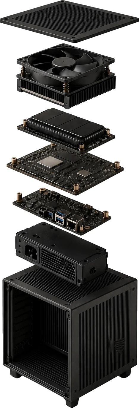 Transparent vertical conceptual exploded view of an Atarla edge-computing appliance and its internal components