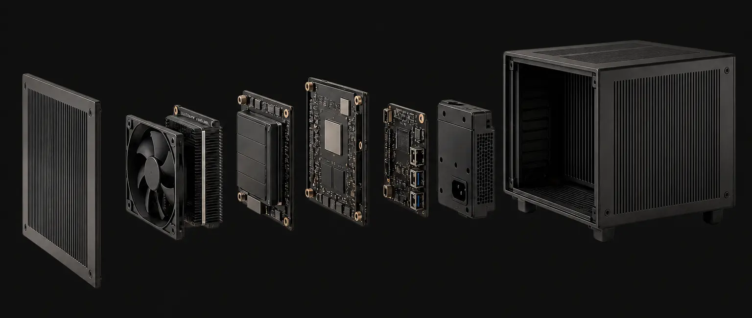 Wide exploded view of an Atarla edge-computing appliance and its internal components